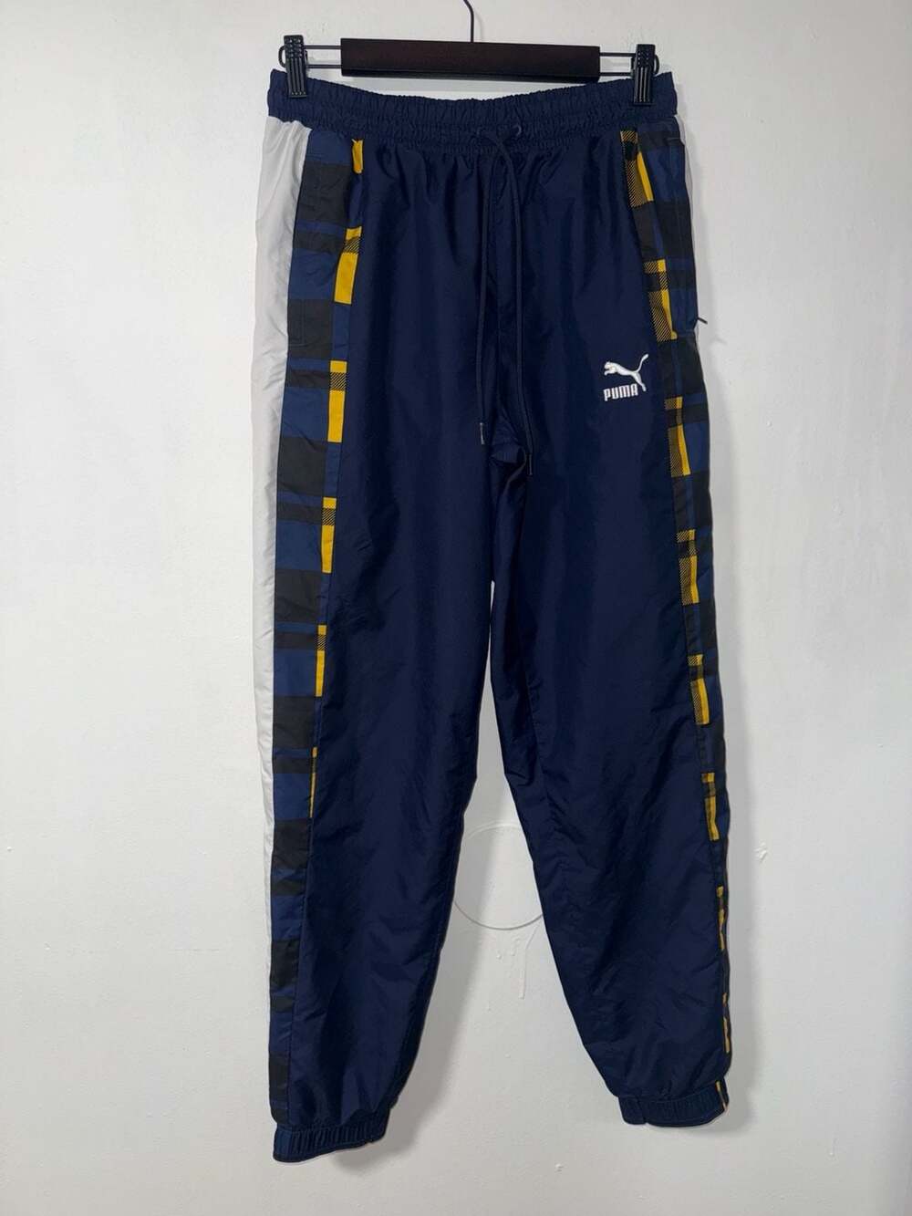 Puma Track Pants Size M Navy Blue Plaid Panels